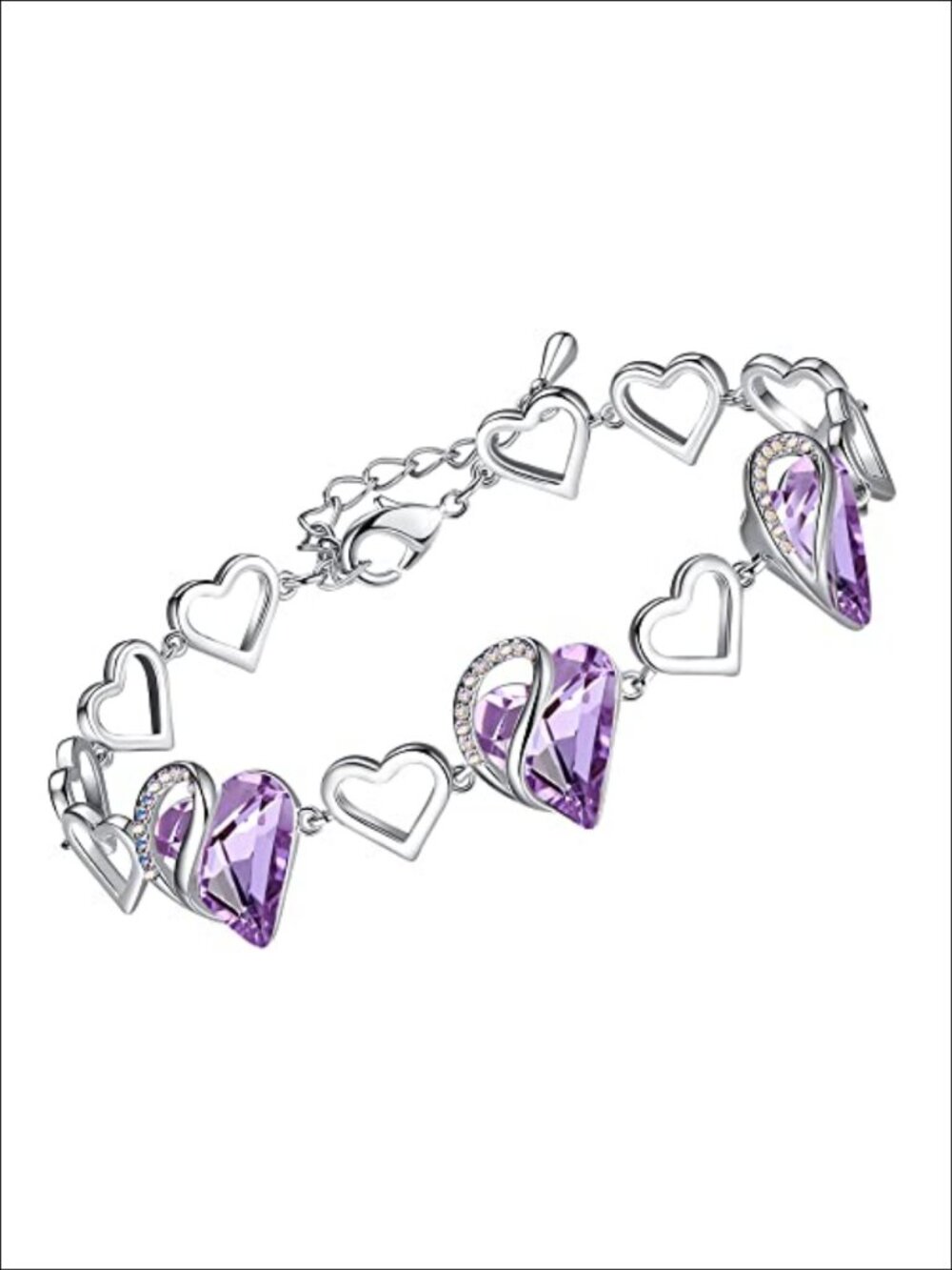 Rhodium Plated Heart Crystal Link Bracelet 7in with 2in Extender